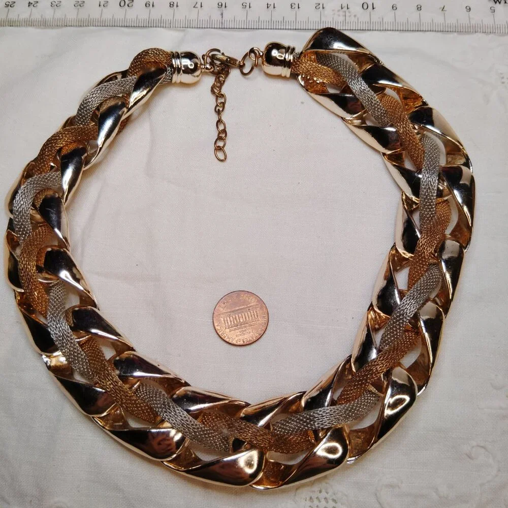 Thalia Sodi Style Chunky Chain Necklace • Tri‑Tone Mesh Links • 17” + Extender - Picture 3 of 4